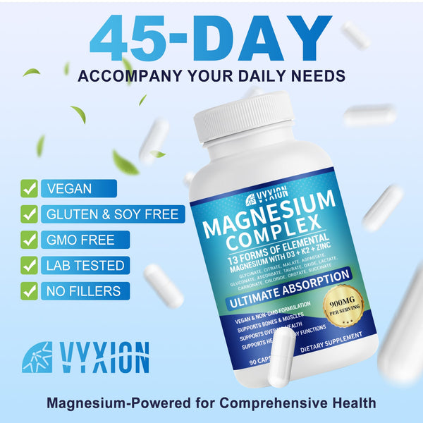 Magnesium Complex 900mg per Serving – High Absorption Magnesium Glycinate with Vitamin D3 K2 Zinc & B Vitamins – Sleep, Calm, Muscle & Nerve Support – 90 Capsules