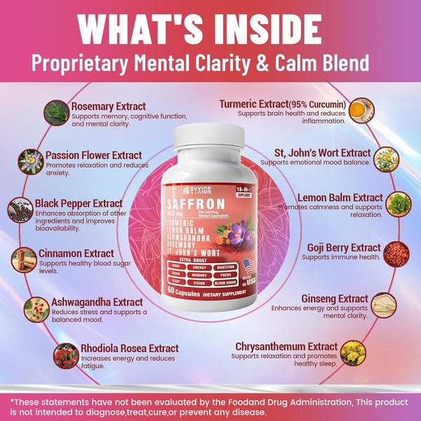 Saffron Supplements with Turmeric & Ashwagandha – 18-in-1 Herbal Mood Booster & Energy Support – Natural Supplement for Mental Clarity, Focus & Stress Support – for Women & Men