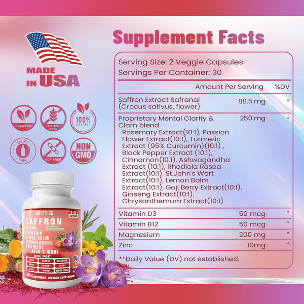 Saffron Supplements with Turmeric & Ashwagandha – 18-in-1 Herbal Mood Booster & Energy Support – Natural Supplement for Mental Clarity, Focus & Stress Support – for Women & Men